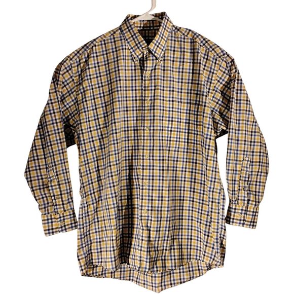 Gitman Bros shirt mens L LArge blue yellow check plaid michael david long sleeve - Picture 1 of 8